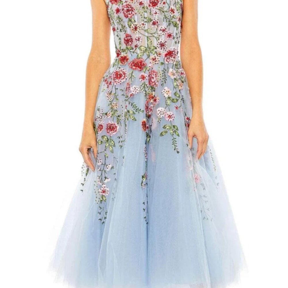 NWT Mac Duggal Tea-length floral lace A-line dress Blue Size 4